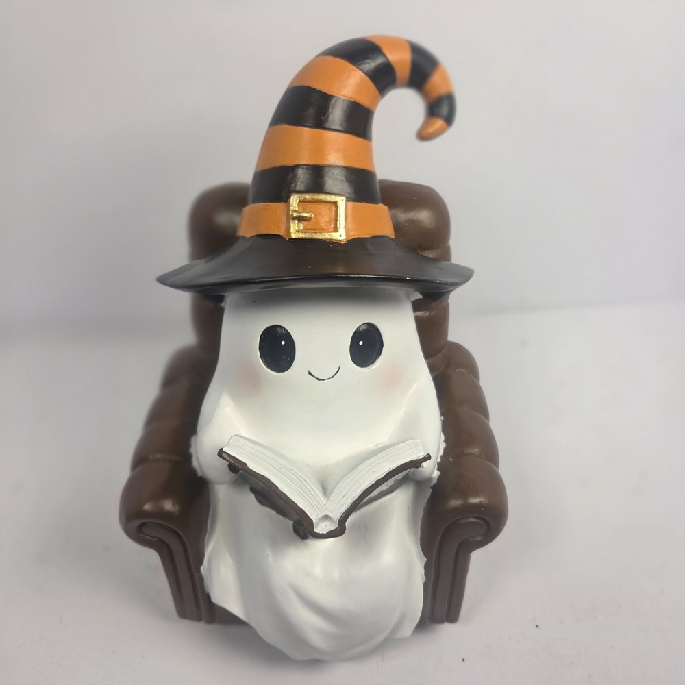 Ghost Reading Book in Chair Figurine Halloween Decor Resin Shelf Sitter 9.5"